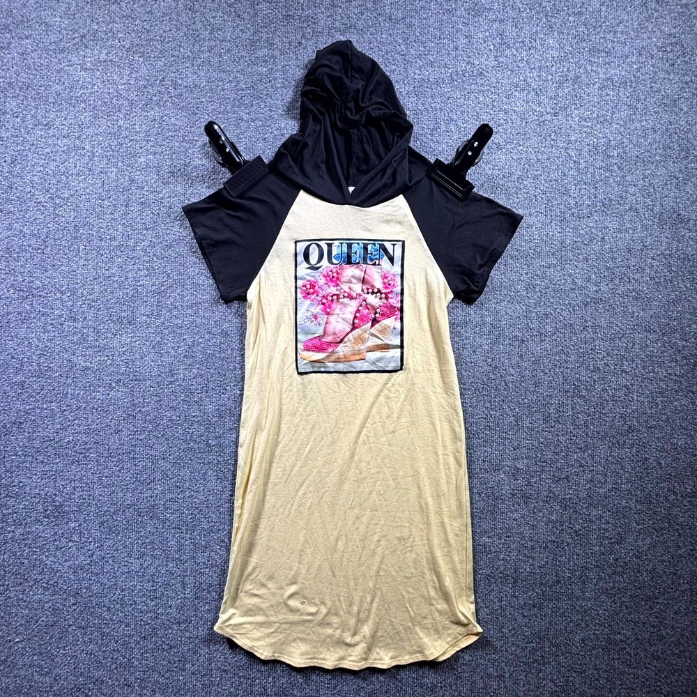 Urban Freedom T-Shirt Dress Womens 14 Yellow Black Queen Graphic Hooded Casual